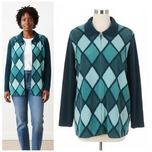 Linea by Louis Dell’Olio Teal Suede Argyle Full Zip Jacket Sweater Size 1X EUC